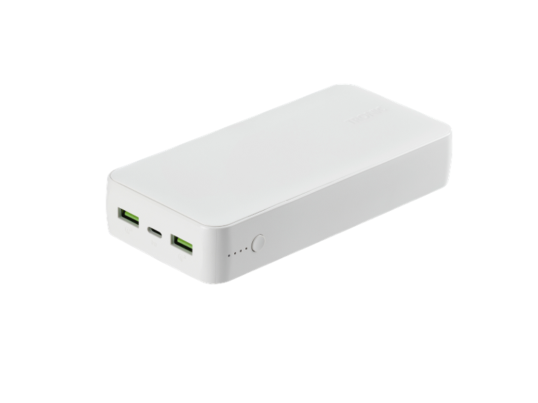 White power bank with two USB-A and one USB-C port, and a charge indicator.