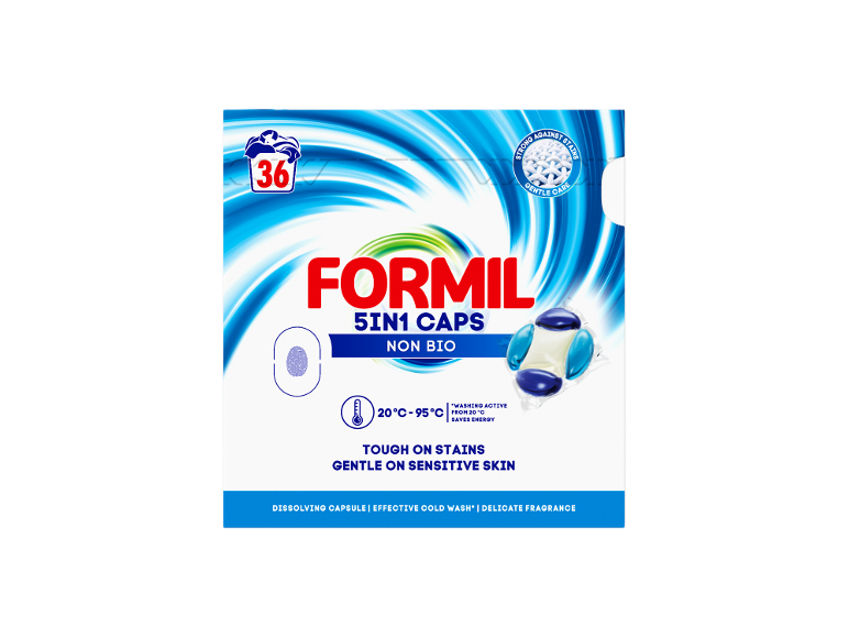 5-in-1 non bio laundry capsules for 36 washes, tough on stains, gentle on sensitive skin.