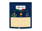 Grated Pecorino Romano cheese in blue packaging with an Italian flag.