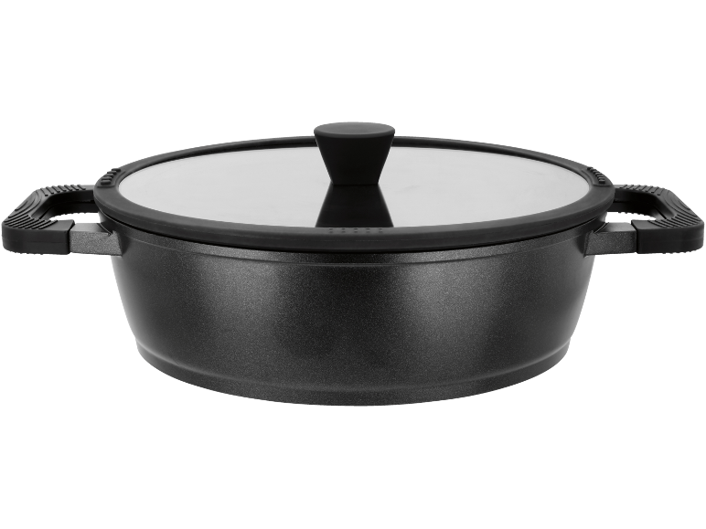 Dark grey cooking pot with a glass lid and black handles