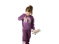 Girl in a purple tracksuit with a sequin rainbow and a sheep plush toy.