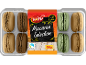Macaron Selection: 12 pieces of chocolate, green, and light macarons in clear packaging.