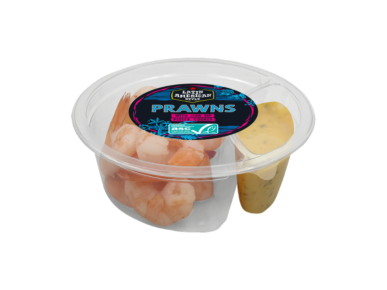 Cooked prawns with jerk dip in a plastic container, Latin American style.