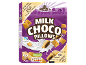 Purple cereal box with chocolate-filled pillows, milk, and prizes.