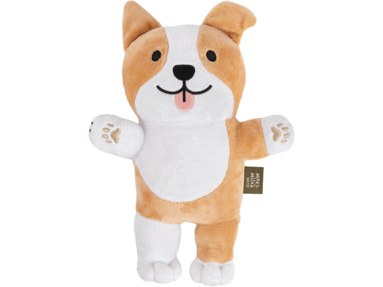 Corgi dog plush toy with tongue out and embroidered paws, with a green tag.