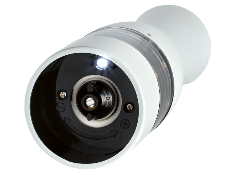 White electric salt or pepper grinder with an integrated light and grind adjustment.