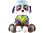 Sitting plush dog wearing a blue helmet and a green and purple suit.