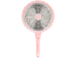 Pink frying pan with an induction bottom and a handle with a hanging hole.