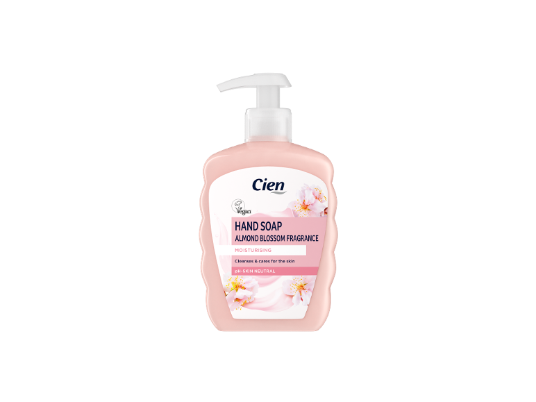 Pink hand soap with almond blossom fragrance, moisturizing, pH-skin neutral, and vegan.