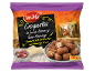 Croquettes with Serrano ham and Manchego cheese in a 350g package, with a Spanish street background.