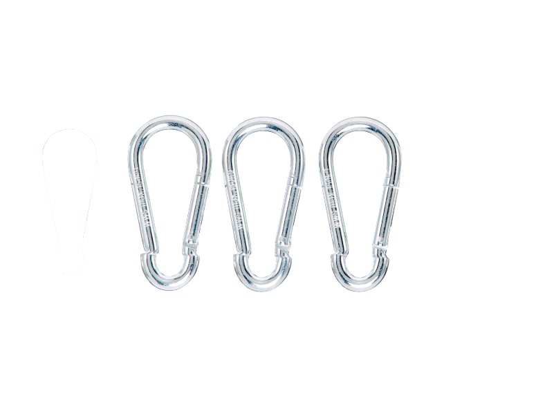 Three metal carabiners and one white object on a black background.