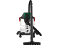 Wet and dry vacuum cleaner with a grey hose and nozzle, on wheels, with a metal container.