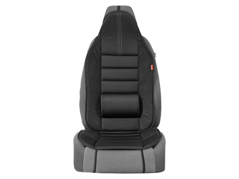 Black and gray car seat cover with white stitching details and mesh texture.