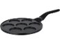 Pancake pan with seven round indentations and a black handle.