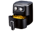 Black air fryer with fries, featuring temperature and time control knobs.
