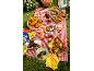 Picnic spread with pastries, ice cream, fruit, and sunscreen on a red and white checkered blanket.