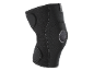 Black knee brace with reinforced padding and adjustable straps.