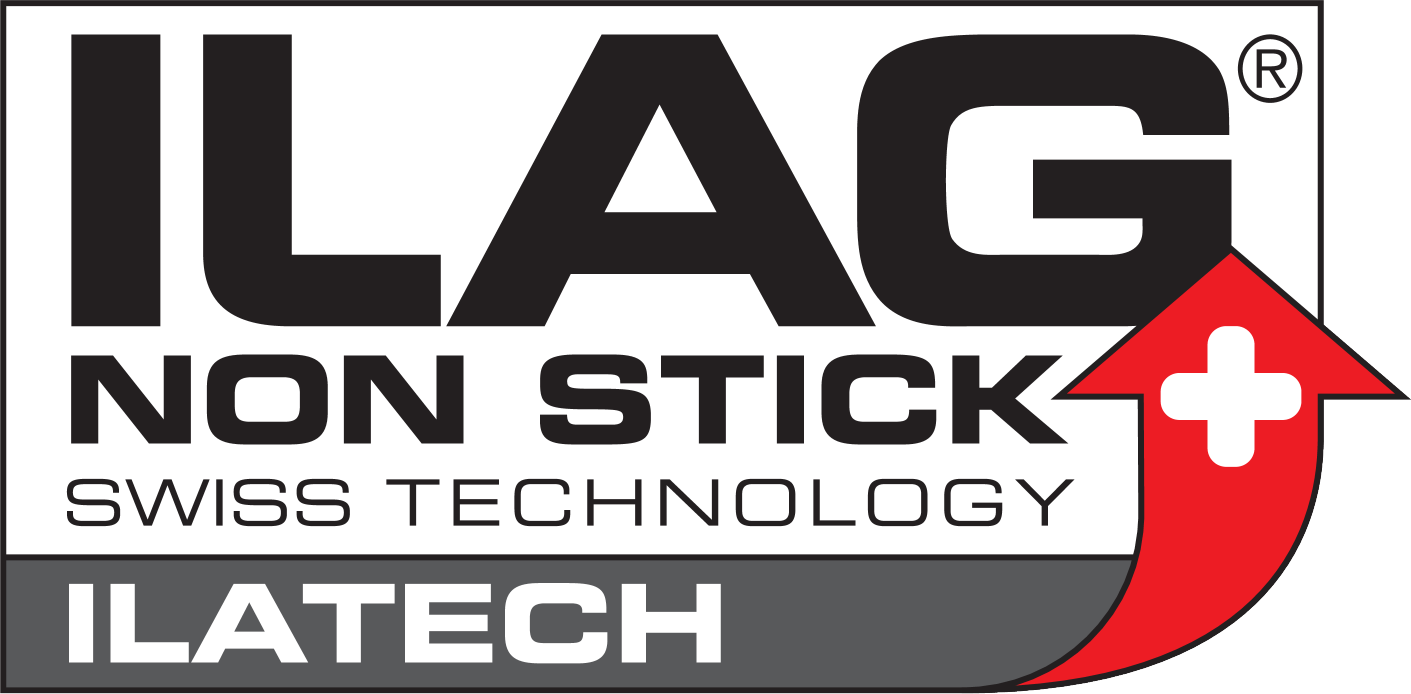 ILAG NON STICK SWISS TECHNOLOGY ILATECH logo with red arrow and Swiss cross