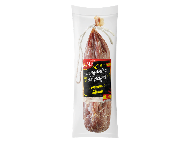Packaged longaniza salami with a label reading 'Longaniza de pagès Longaniza Salami 250g'