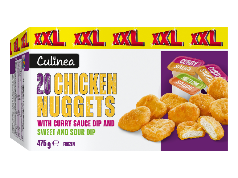XXL box of 20 chicken nuggets with curry and sweet and sour dip, frozen.