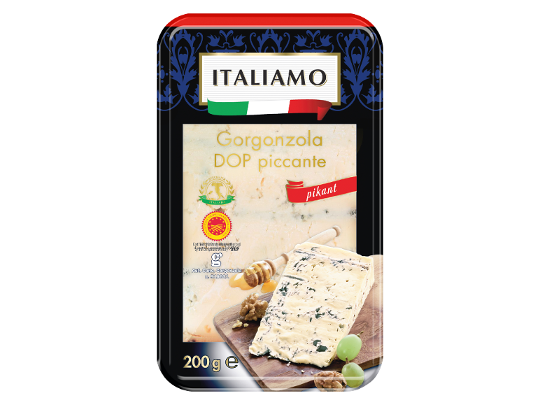 200g spicy DOP gorgonzola package with honey, walnuts, and grapes.