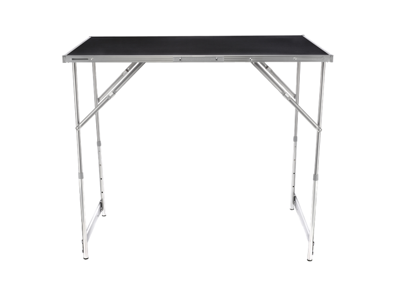 Foldable workbench with metal legs and a black work surface.