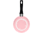 Pink frying pan with a black handle, showing the bottom with various symbols.