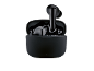 Black wireless earbuds in an open charging case, one earbud standing upright.
