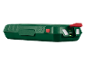 Green power bank with a red button and USB-C and USB-A ports.