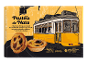 Box of Pastéis de Nata featuring a yellow Lisbon tram and two pastries, with a net weight of 360g and 6 units.