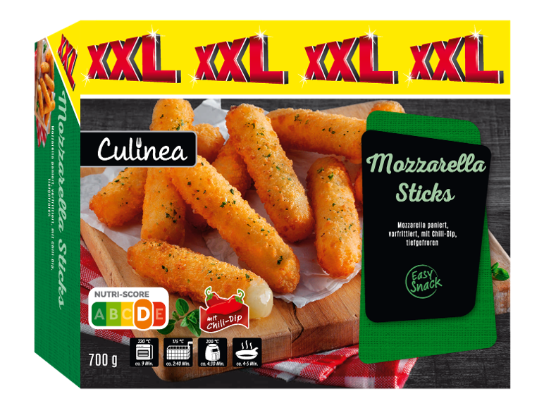 Packaging of mozzarella sticks with chili dip, featuring XXL branding and cooking instructions.