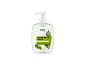 Hydrating olive liquid soap with dispenser, featuring cream splashes and green olives.