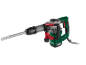 Green and grey demolition hammer with red accents and a chisel.