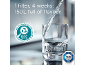 Water pouring into a glass, highlighting filter effectiveness and bio-based plastic certification.