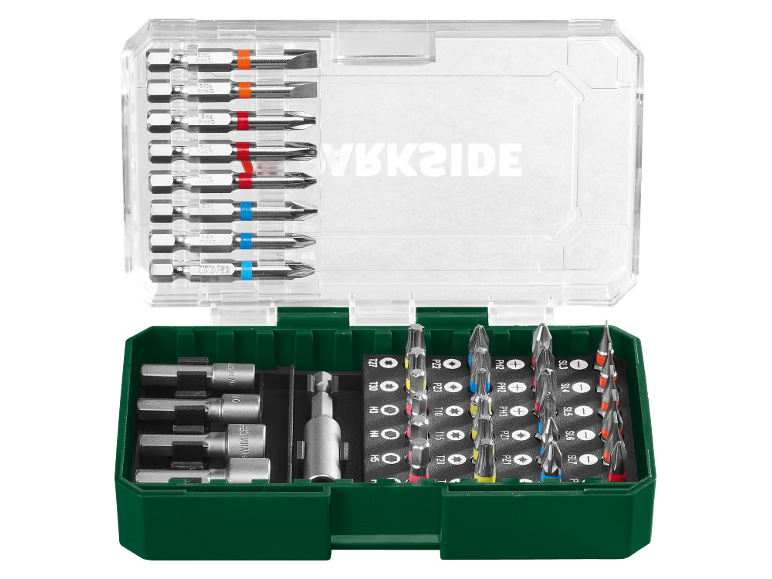 Bit and socket set in a green case with a transparent lid.