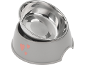 Grey pet bowl with a removable stainless steel insert and pink heart decorations.
