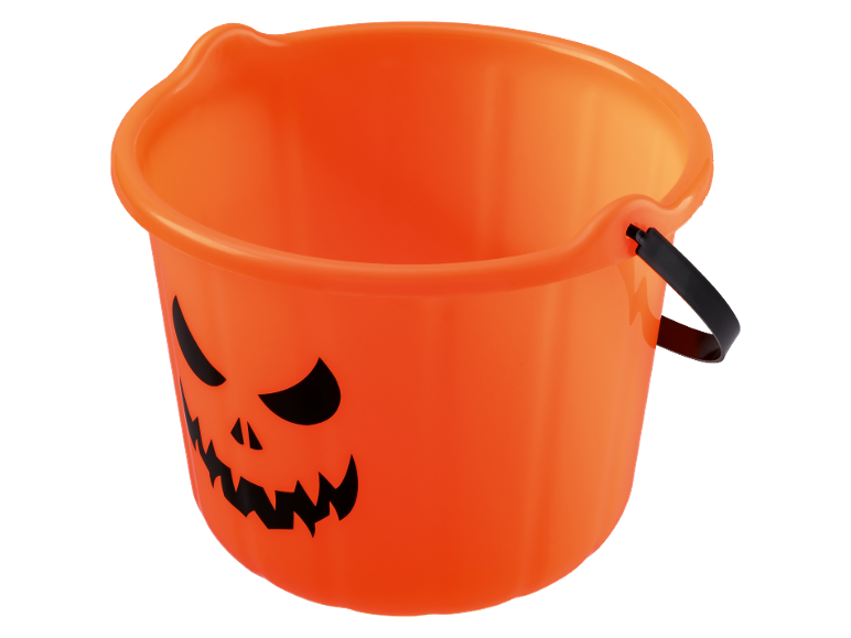 Orange Halloween bucket with a carved pumpkin face and a black handle.
