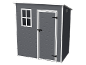 Grey garden shed with white trim, window, and door.