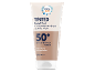 Tinted facial fluid with very high SPF 50+ sun protection for skin imperfections.