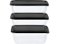 Three clear food storage containers with black lids, stacked on top of each other.