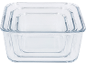 Set of three square glass storage containers, nested inside each other.