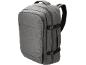 Grey travel backpack with zippered compartments and compression straps