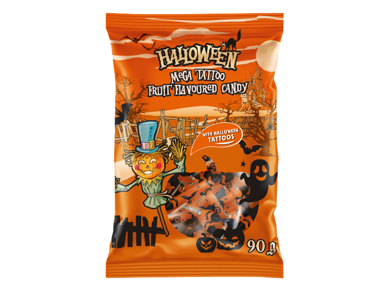 Fruit flavoured candy bag with Halloween tattoos, featuring a scarecrow and pumpkins.