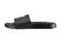 Black slide sandals with red stitching and green text on the strap.