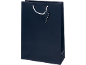 Dark blue gift bag with white rope handles and a blank tag.