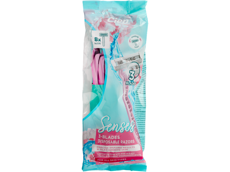 Pack of 8 disposable 3-blade razors for precise shaving results and silky smooth skin.
