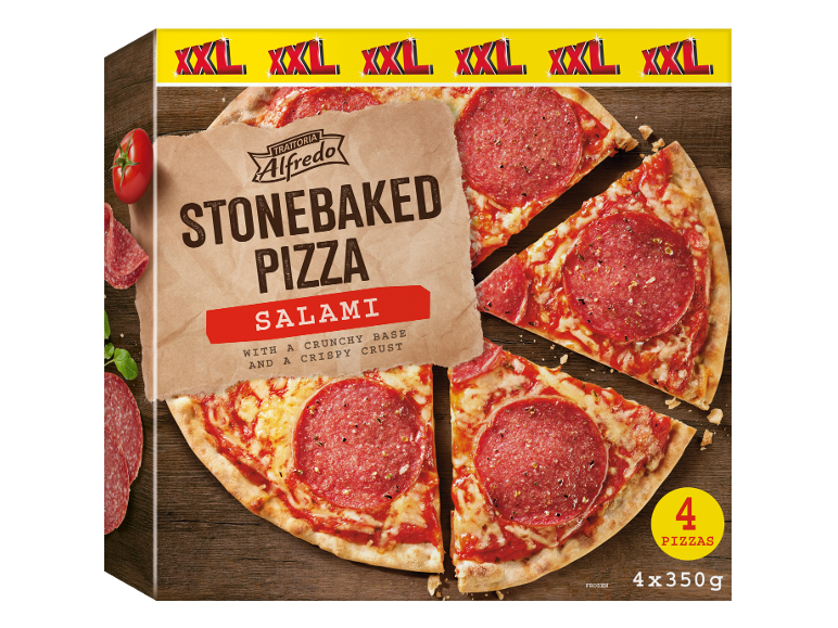 Packaging of stonebaked salami pizzas with a crunchy base, 4 pizzas of 350g each.