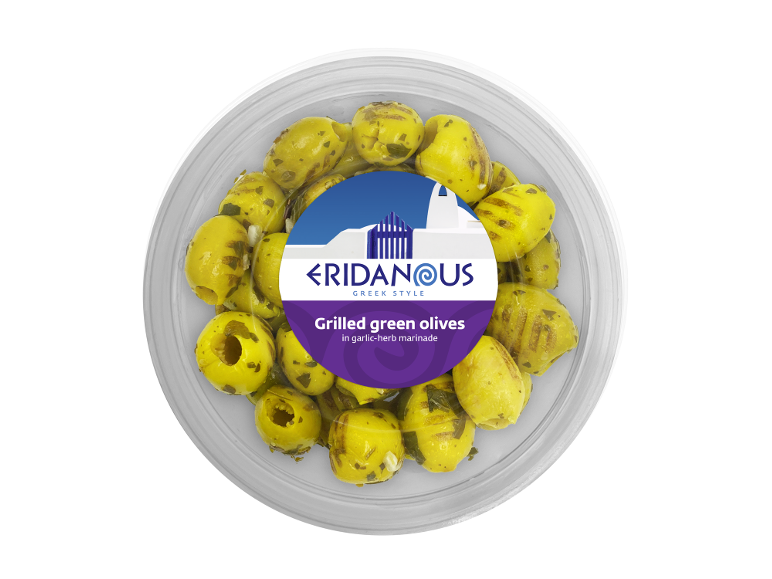 Grilled green olives in garlic-herb marinade, Greek style.