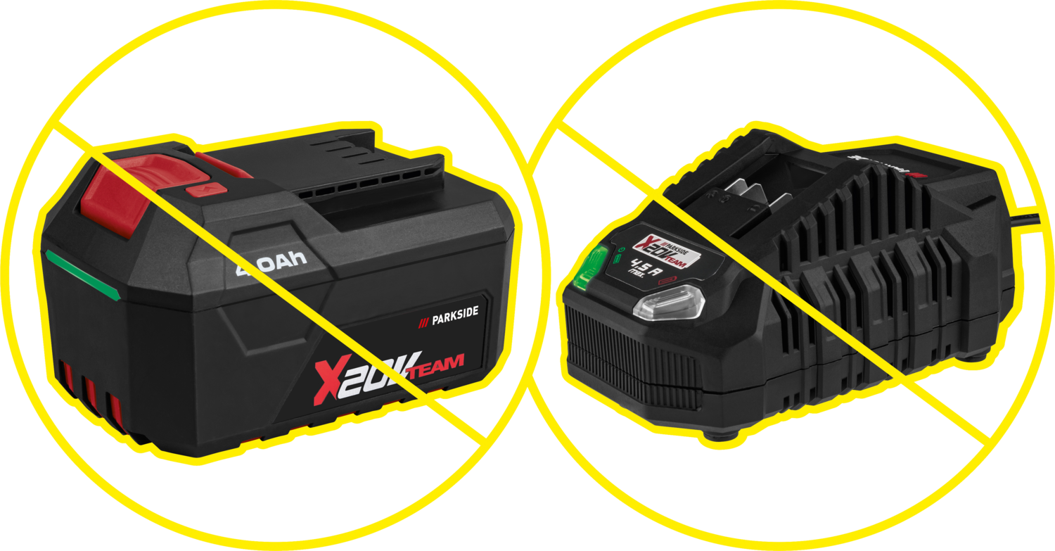 4.0Ah battery and 4.5A charger with crossed-out circles.