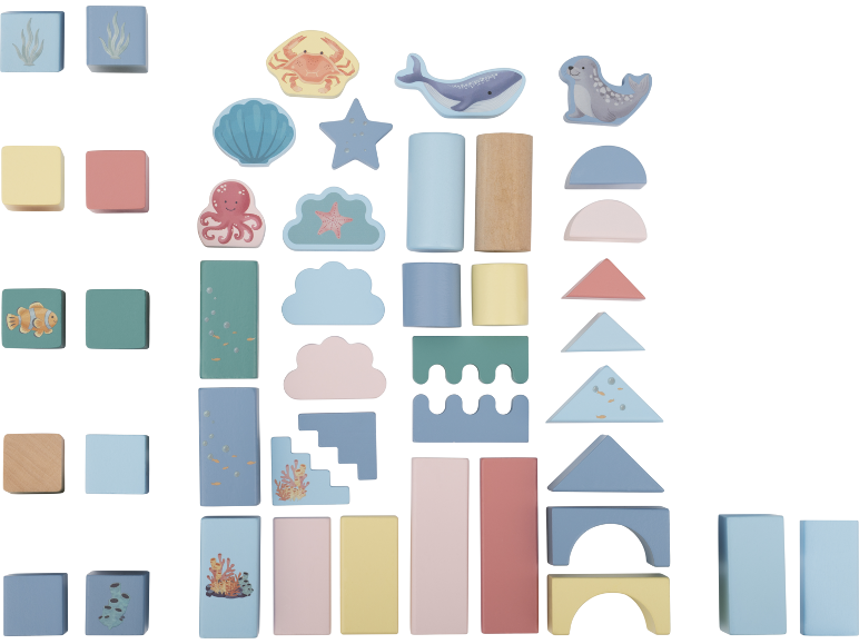 Wooden building blocks with a marine theme, including animals and ocean shapes.